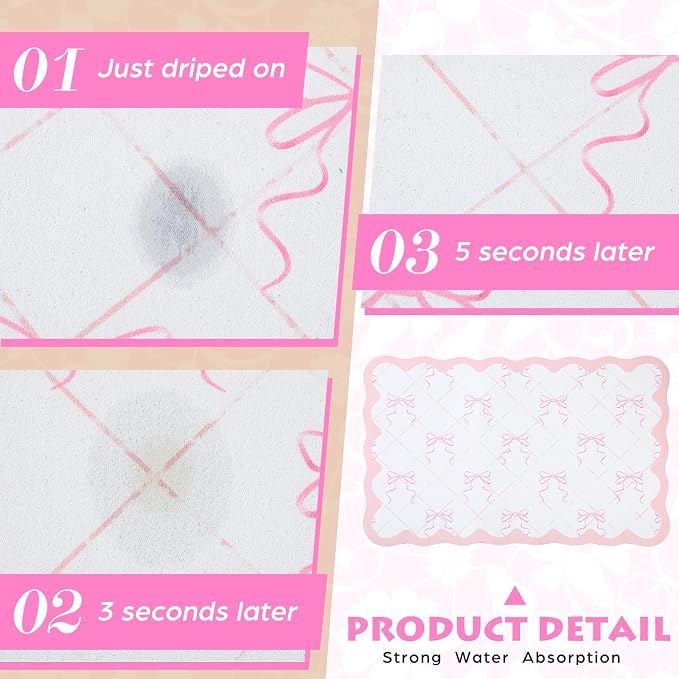 Reallnaive Scalloped Bow Coffee Bar Mats 23.6x15.7inch Pink Absorbent Bar Mat - Image 6