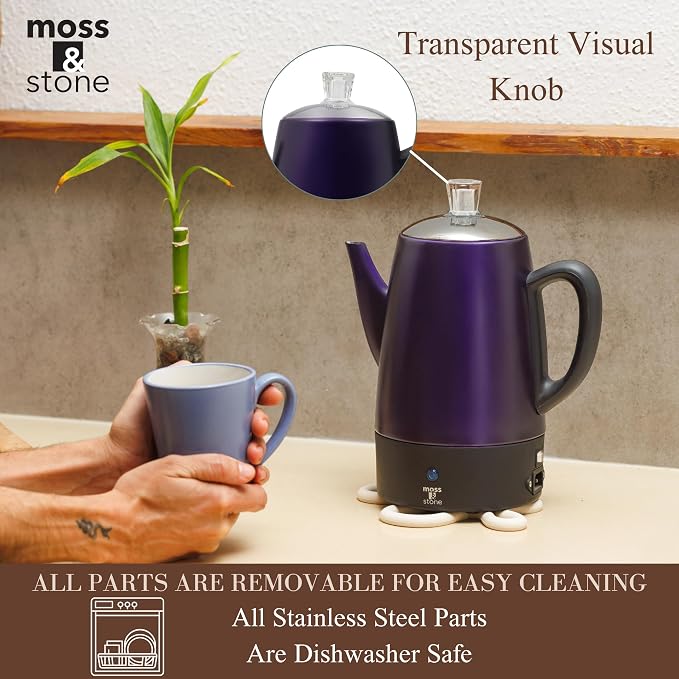 Moss & Stone 10 Cup Purpale Percolator Coffee Pot Electric, Stainless Steel - Image 5