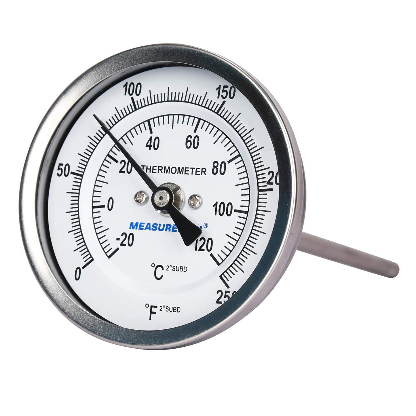 MEASUREMAN Fully Stainless Steel Pot, Kettle, Brewing Bimetal Dial Thermometer, 3" Dial, 6" Stem, 0-250 deg F/-20-120 deg C, -1% Accuracy, Adjustable, 1/2" NPT Back Mount