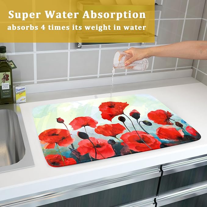 Red Watercolor Flower Dish Drying Mat - Image 7