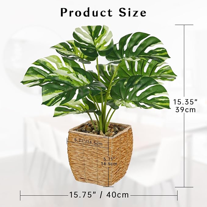 Briful Fake Plants Potted Variegated Monstera Artificial Plants Indoor - Image 2