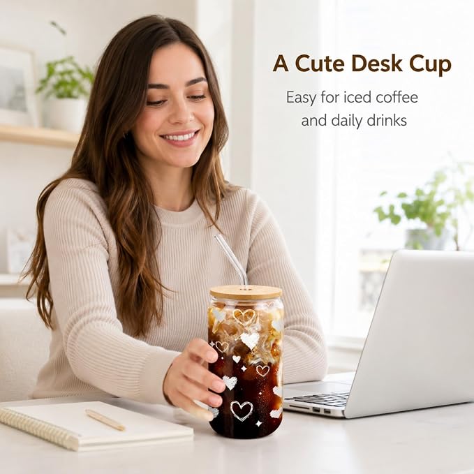Glass Cup with Lid and Straw, 16 oz Cute Iced Coffee Cup with Heart Design - Image 7