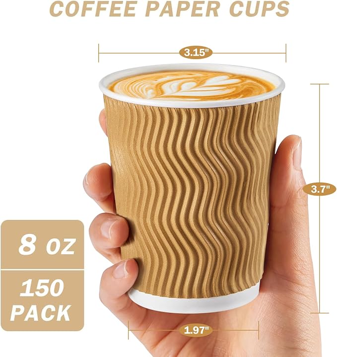 Clawsoff 150 Pack 8 oz Coffee Cups, Disposable Corrugated Insulated Ripple Wall - Image 2