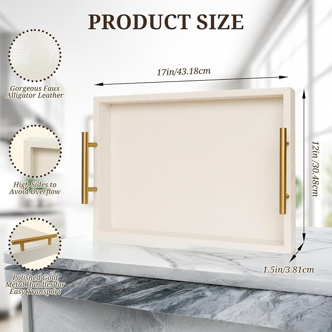 SXNOWS 17"x12" Cream Faux Leather Serving Tray - Image 3