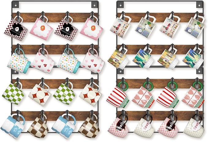 EsLuker.ly Mug Holder Hanger Rack Wall Mounted Wooden 4 Pack Coffee Cup Storage by EsLukerly