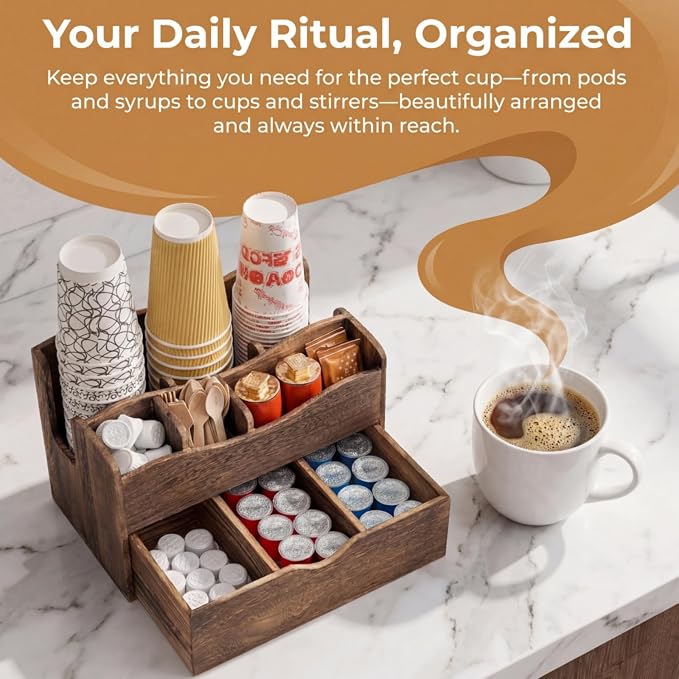 Coffee Station Organizer, Wood Countertop Coffee Bar Supplies Caddy - Image 5