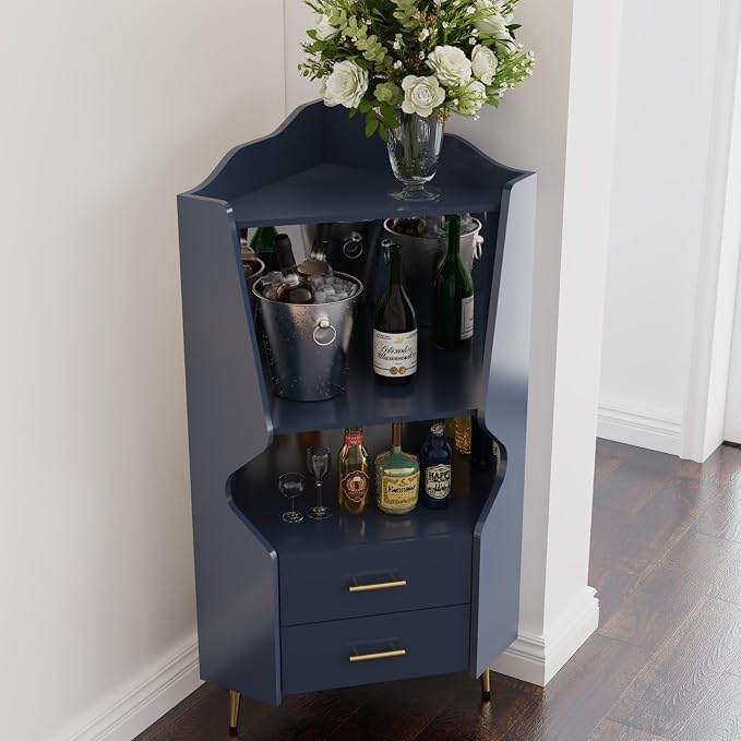 Corner Bar Cabinet with Mirrored Back, Sideboard Cabinet with 2 Open Shelves & - Image 5
