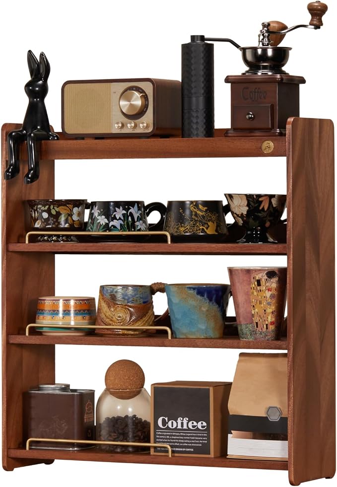 Walnut Wood Coffee Cup Rack, 4-Tier | Coffee Bar Organizer by KAOTGOT