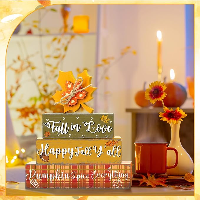 Geelin 4 Pcs Thanksgiving Decorations Fall Wooden Sign Maple Leaves - Image 3