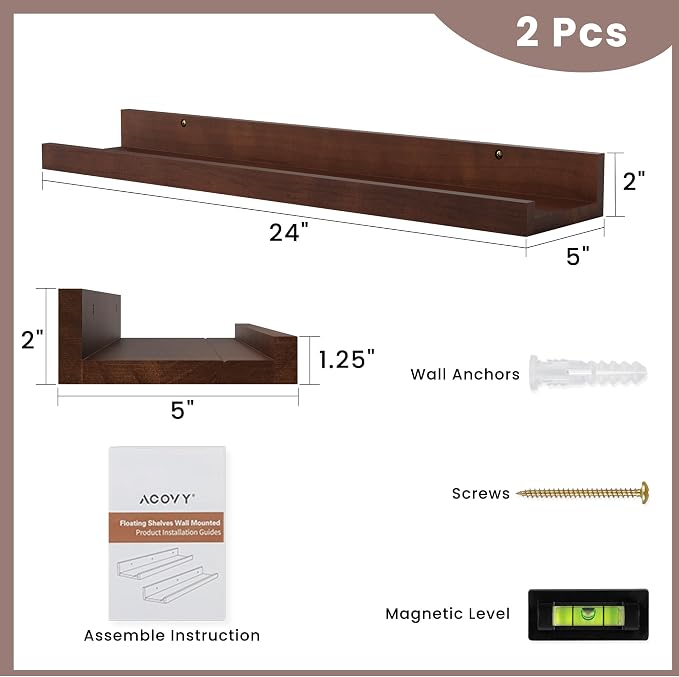 Acovy Floating Shelves for Wall, 24 inch Solid Wood Picture Ledge Shelf - Image 3