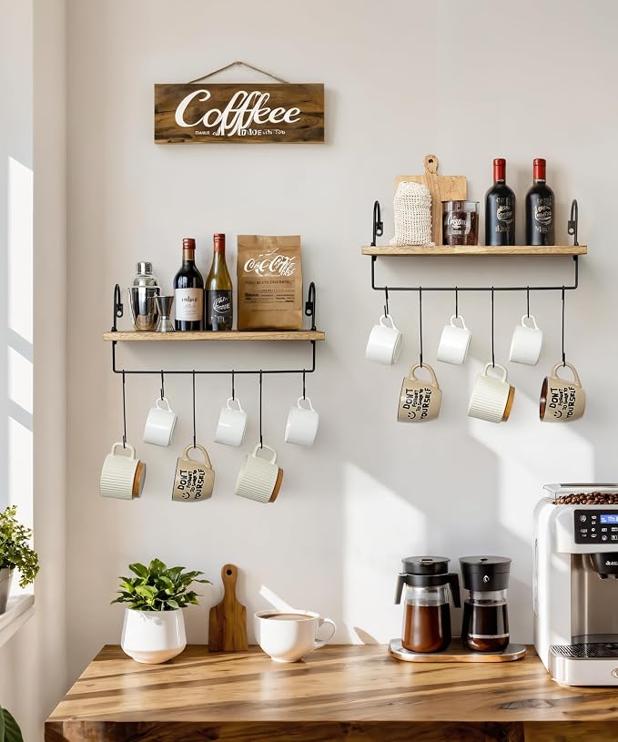 Wall Mount Floating Shelves, Wooden Coffee Bar Hanging Storage Shelf Rustic Cup - Image 2