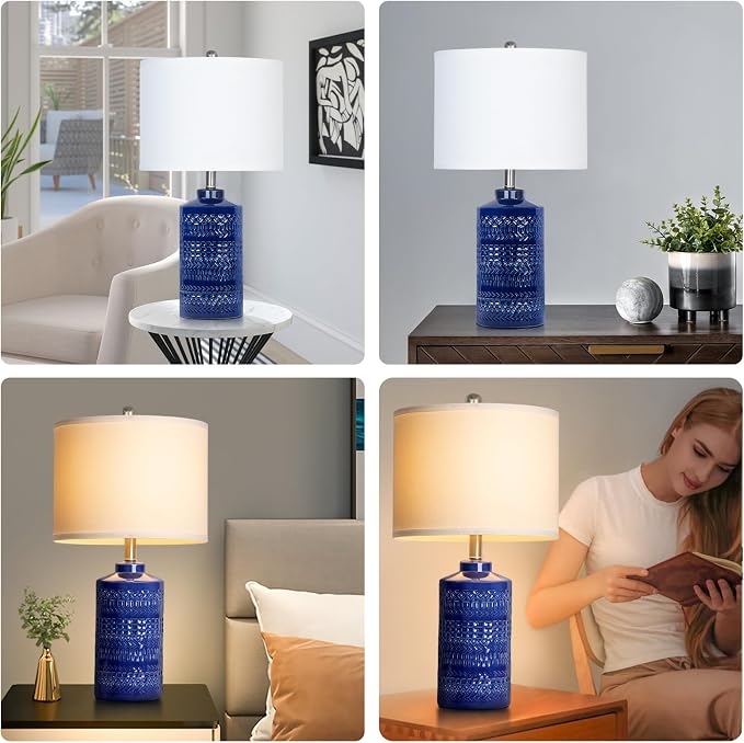JUNNAI 24.5" Navy Blue Table Lamp Modern Bedside Ceramic Lamps - Image 6
