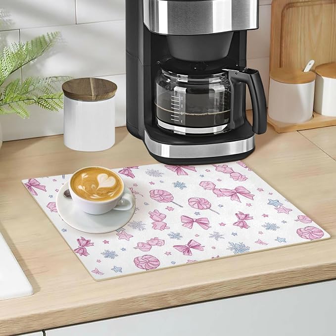 Candies Bows Stars Pink Coffee Mat Coffee Bar Maker Backed Absorbent Nonslip - Image 5
