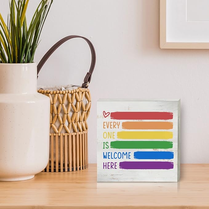 Every One is Welcome Here Wood Box Sign Decor Rustic Pride Rainbow Quote Wooden - Image 5