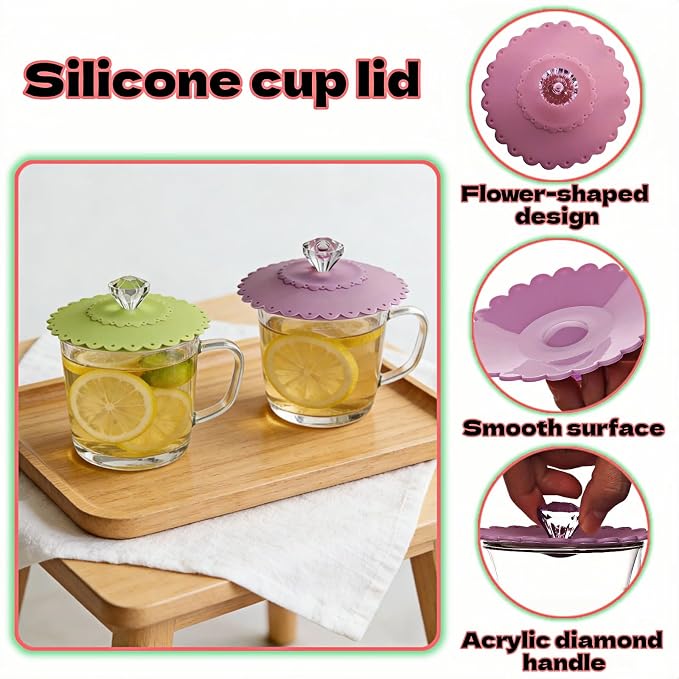 Silicone Cup Lids with Acrylic Crystal Handle, Food Grade Silicone Hot Cup Lids - Image 5