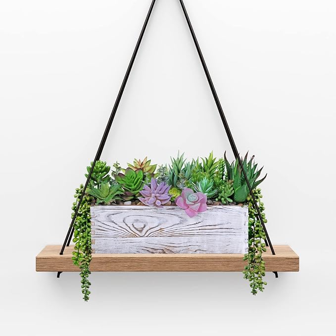 Winlyn 19 Pcs Assorted Artificial Succulents in Rectangular Wooden Pot - Image 5