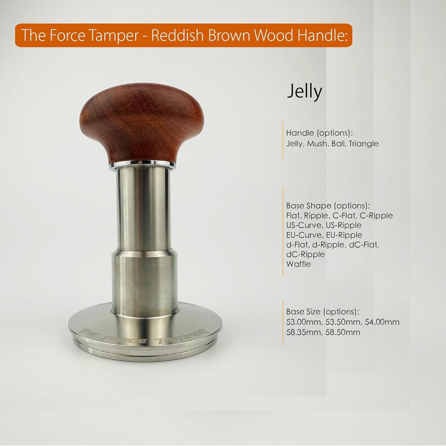 The Force Tamper Automatic Impact Adjustable Constant Pressure and Autoleveling Coffee Tamper Reddish Brown Jellyfish Wooden Handle Set Pro (Flat-Distribute Set, 53.50mm)