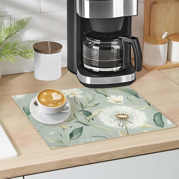Sage Green Dandelion Coffee Mat Coffee Bar Maker Station Pot Spill Machine Pad - Image 4