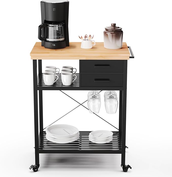 Kitchen Island Cart with Storage – Solid Wood Rolling Coffee Cart with Pine Top - Image 2