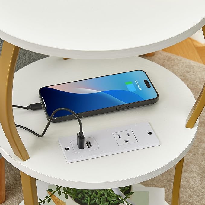 Small Round Side Table with Charging Station, 3-Tier Waist Circular End Table - Image 5