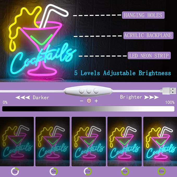 Cocktail Neon Sign for Wall Decor Bar LED Light up Signs Dimmable Cocktails - Image 3