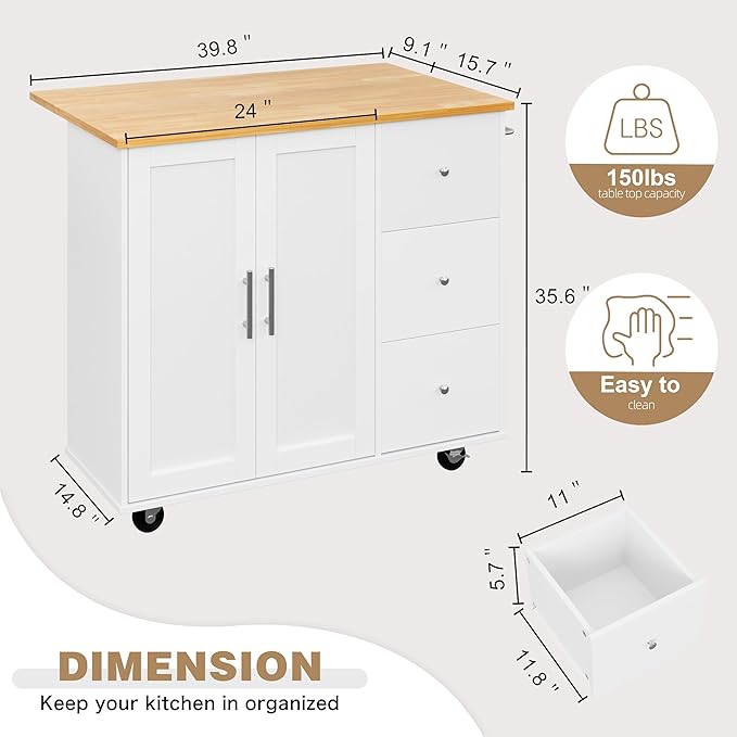 Shintenchi Kitchen Island with Folding Drop Leaf, Rolling Island Table with - Image 3