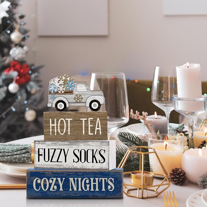 Lineshading 4 Pcs Winter Table Decorations Wooden Snowflake Truck Winter Tiered - Image 2