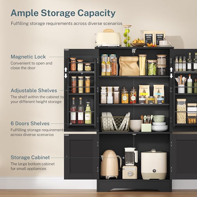 TEENFON Storage Cabinet with 4 Doors, Kitchen Cabinet with 6 Door Shelves - Image 4