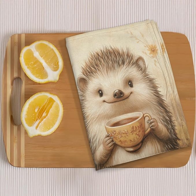 Vintage Hedgehog Kitchen Towels Set of 2 Coffee Cup Dish Towels Bar Absorbent - Image 6