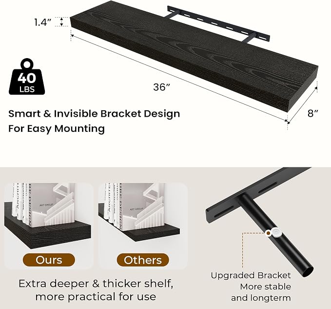 Dreamland 36 Inch Long Floating Shelves in Black, 8 Inch Deep Floating Shelf - Image 3