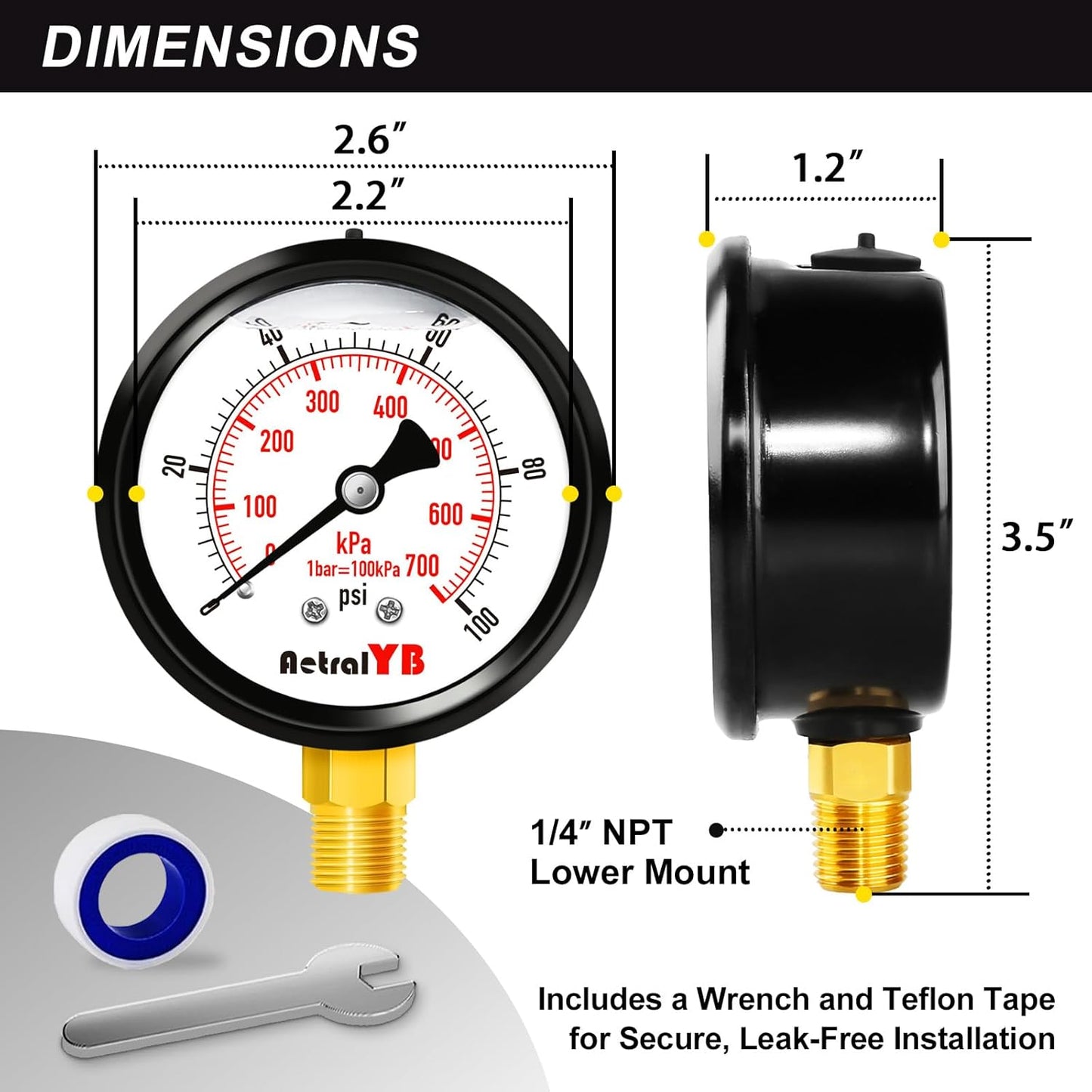0-100 Psi 2.5 Inch Pressure Gauge Stainless Steel Case, Liquid Filled,1/4" NPT Lower Mount, IP67 Waterproof, for Water Pump, Pneumatic Air, Well, RV Hose, Tank, Gas