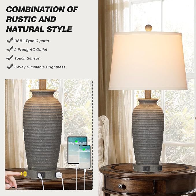 CINSARY 25" Farmhouse Jar Table Lamps Set of 2, 3 Way Touch Control Rustic - Image 4
