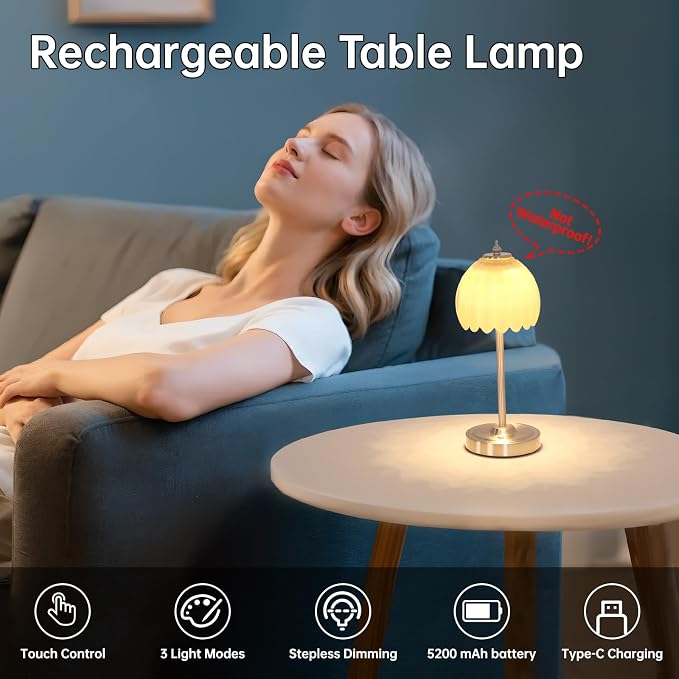 Shenmoyl Tulip Table Lamp with 5200mAh Battery & Touch Control, Cordless Small - Image 3
