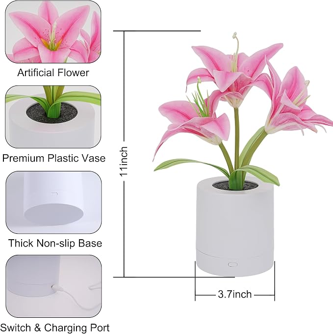 WSYEAR Pink Morning Glory Flowers Table Lamp, Charging Dimmable Cordless - Image 7