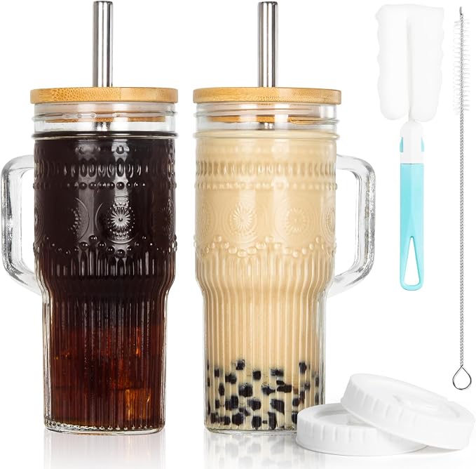 JunVpic Glass Cups with Bamboo Lids and Straws, 24oz Glass Tumbler with Handle by Junvpic