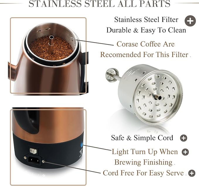 Moss & Stone 10 Cup Copper Percolator Coffee Pot Electric, Stainless Steel - Image 2