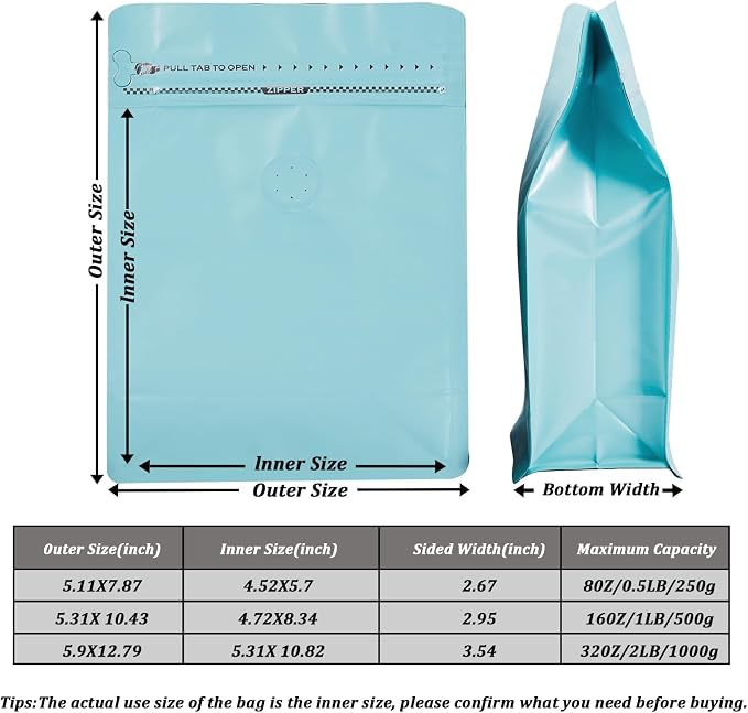 Coffee Bags with Valve Blue High Barrier Aluminum Foil Flat Bottom Standing - Image 4
