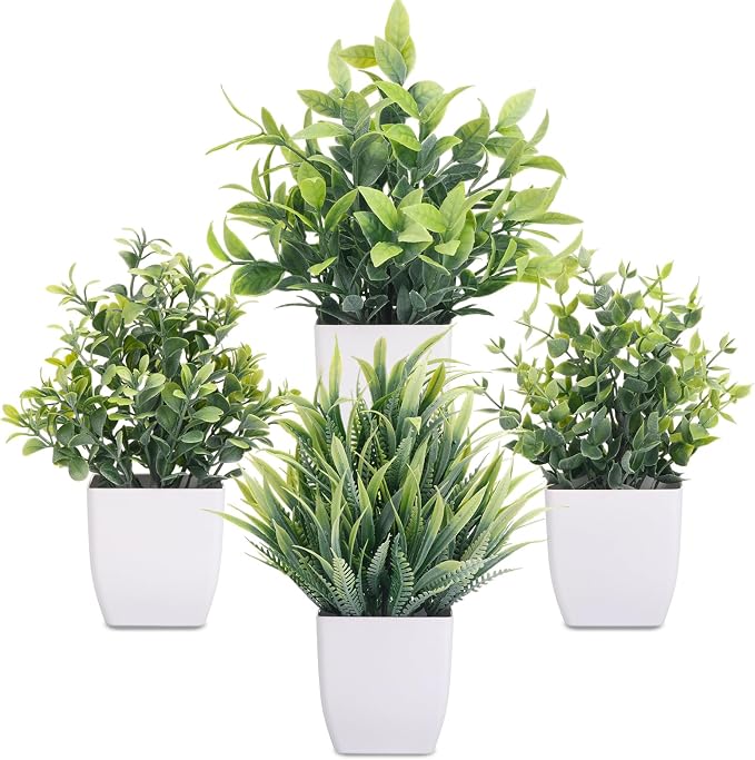 CEWOR Fake Plants 4 Packs Small Artificial Greenery Mini White Potted Plants by CEWOR