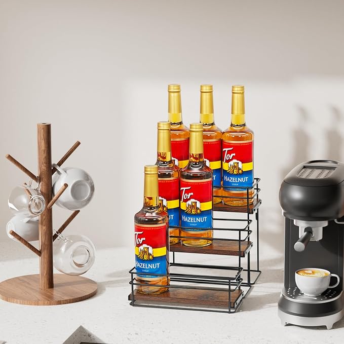 9 Bottle Coffee Syrup Organizer Rack, 3 Tier Coffee Syrup Bottle Stand Holder - Image 4