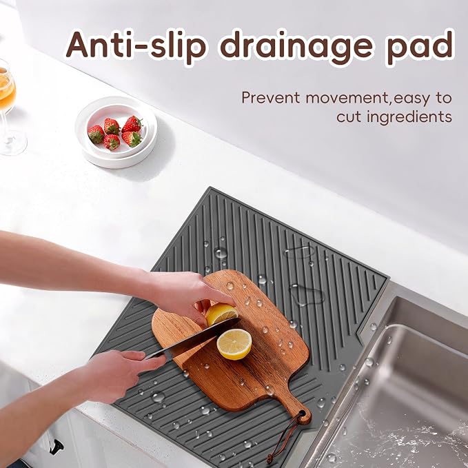 Silicone Dish Drying Mat with Drain Lip 17” x 13”, Heat-Resistant Sloped Sink - Image 5