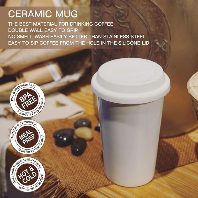 Reusable Double Wall Insulated White Ceramic Travel Coffee Cup - Image 2