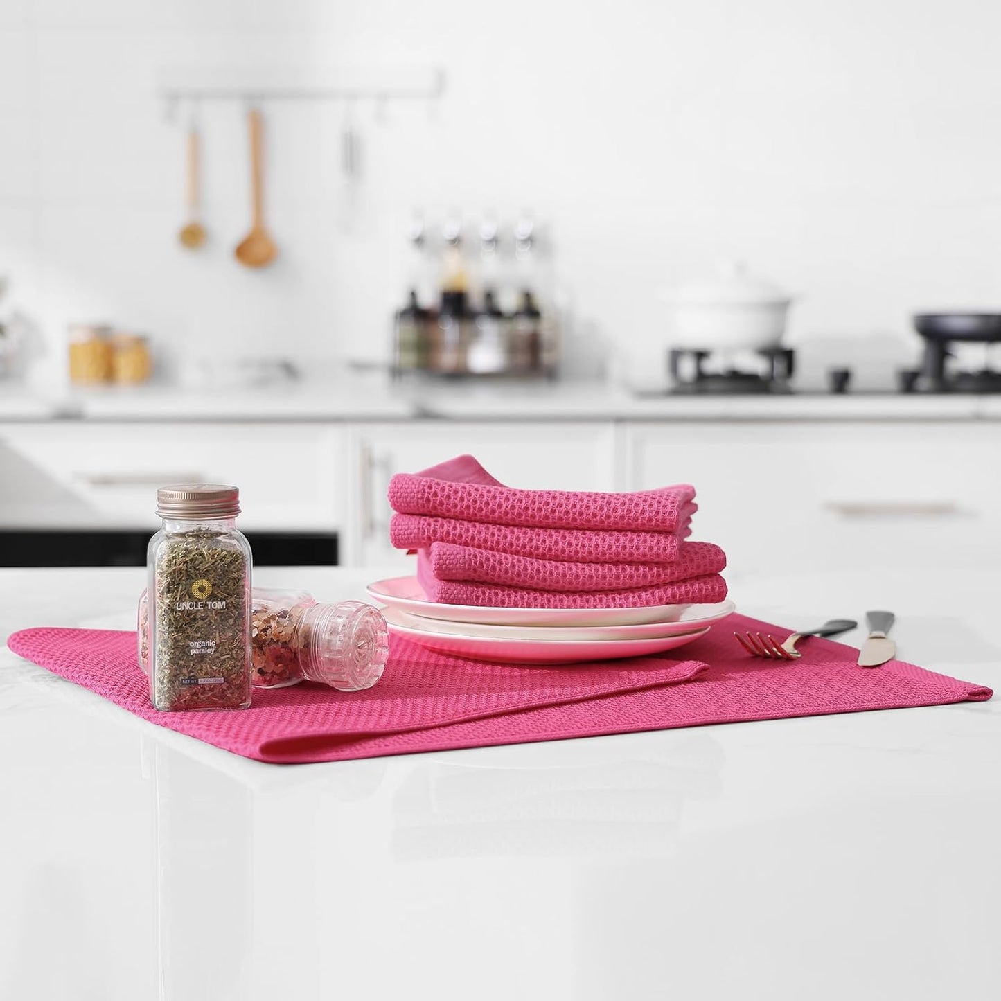 Kitinjoy 100% Cotton Waffle Weave Kitchen Towels, 8-Pack Super Soft and Absorbent Dish Towels for Drying Dishes, Kitchen Hand Towels, 13 in x 28 in, Hot Pink