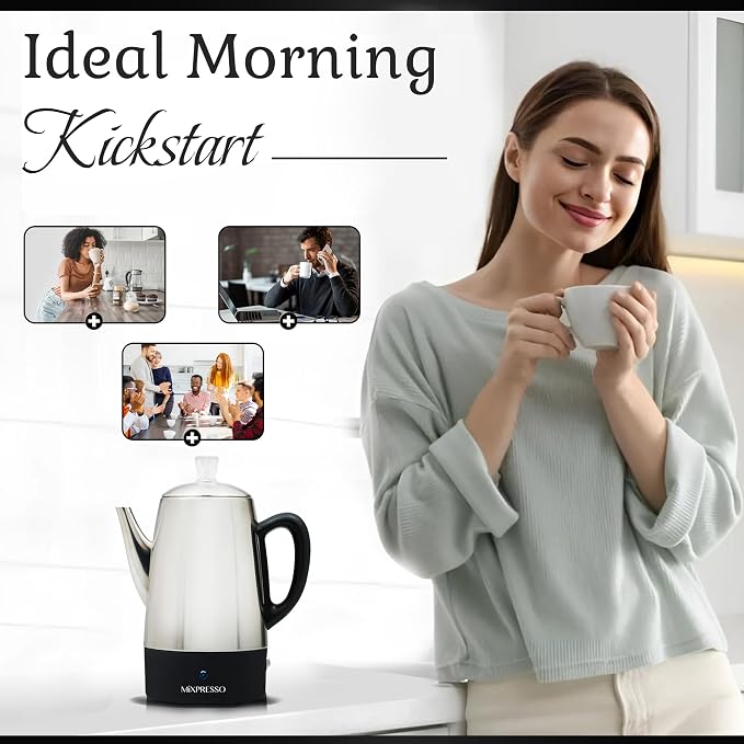 Mixpresso 10 Cup Percolator Coffee Pot Electric, Stainless Steel Coffee - Image 6