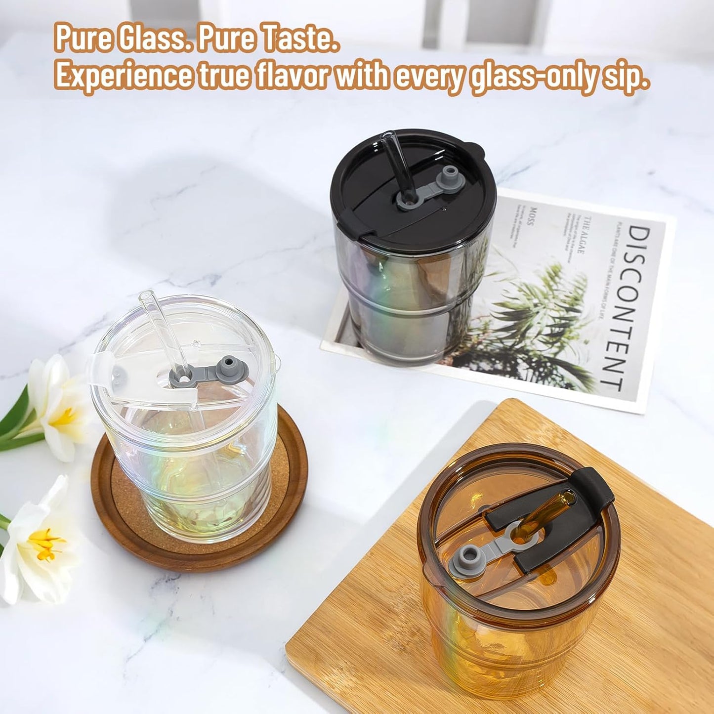 13 oz Glass Tumbler with Glass Straw and Lid, Leak-Proof Reusable Travel Cup for Iced Coffee, Tea, Matcha, Fruit Juice – Thick Wall Clear Water Bottle (Iridescent Shimmer, 4 Pack)