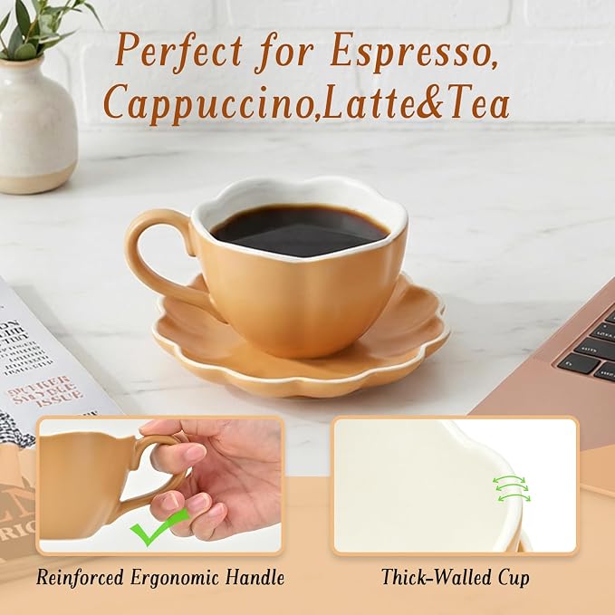 Ceramic Espresso Cups with Saucers 6 oz, Coffe Cups - Image 4