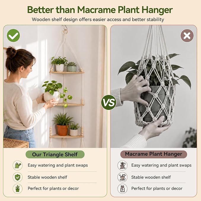Artilady Macrame Corner Shelf Wall Hanging 3-Tier, Adjustable Boho Wood Plant - Image 4