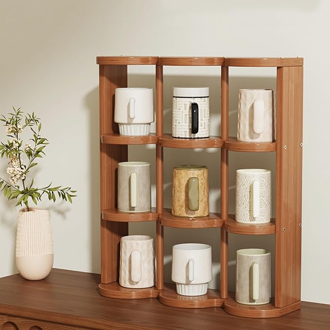 Wooden Coffee Mug Display Rack, Countertop Freestanding Grid Vintage Coffee Cup - Image 4