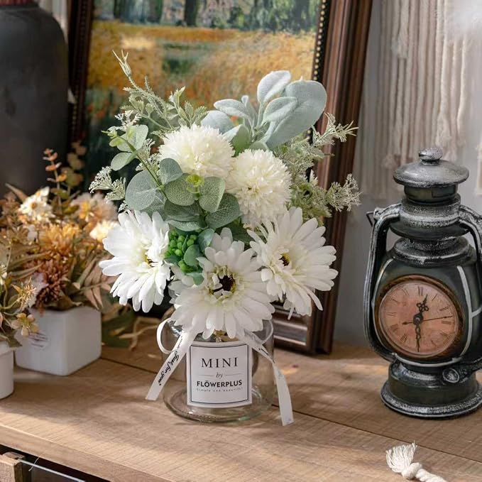 LADADA White Artificial Daisy Flower Set Glass Vase Table Centerpiece Home Decor - Image 5