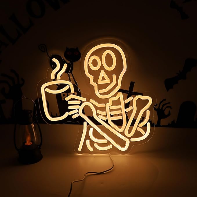 Coffee Skeleton Neon Sign for Wall Decor, Halloween Neon Light Sign Skull Lamp by TAGEEKOONeonSigns
