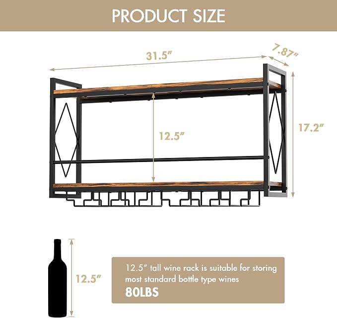 Wall Mounted Wine Rack with LED Light, 31.5" Bar Liquor Shelves with Glass - Image 6